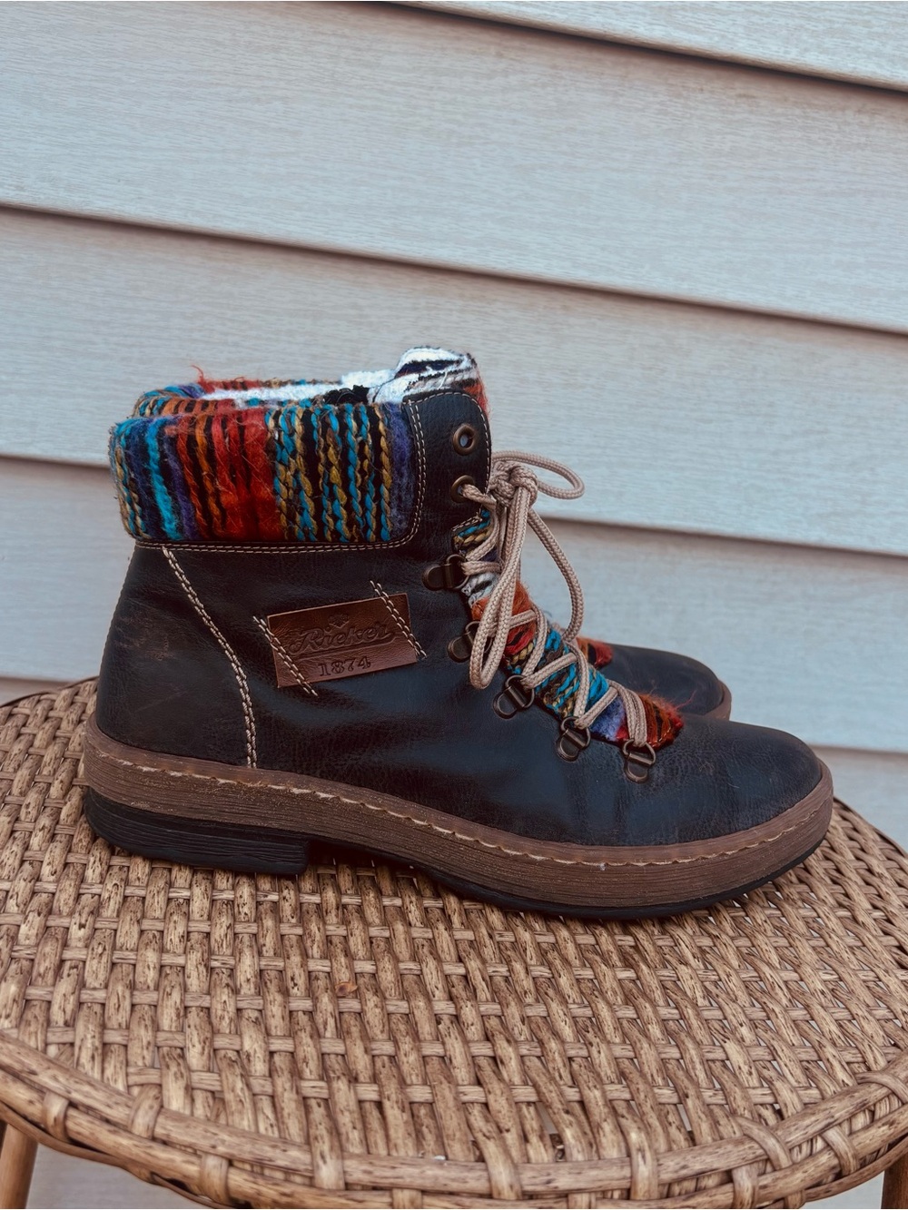 Rieker Womens Size 40 (US 8.5-9) Lace-Up Ankle Boots Multicolor Knit Cuff